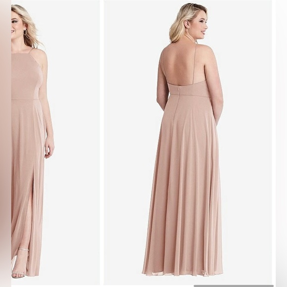 Dessy High Neck Chiffon bridesmaid Dress w/ Front Slit- toasted sugar, size 8 - Picture 10 of 11